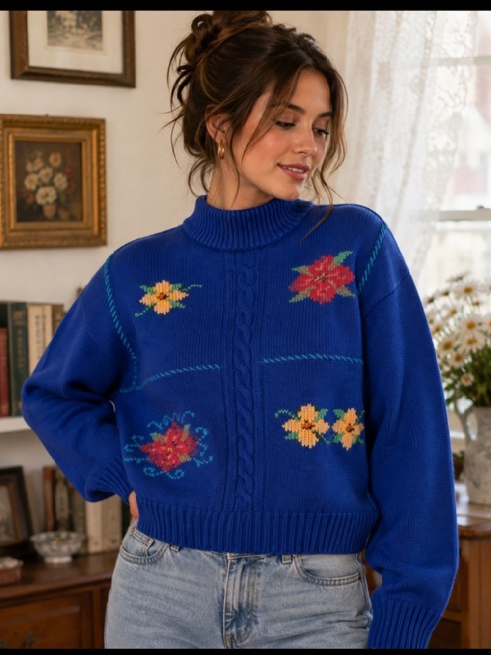 Vintage Lizsport Blue Floral Knit Turtleneck Sweater Women’s M Oversized